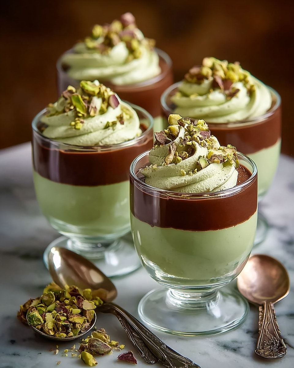 Four short clear glass dessert cups hold layered mousse on a white marbled surface. Each cup has two layers: the bottom layer is a smooth, light green mousse, the top layer is a darker brown glossy chocolate mousse. On top of each, there is a swirl of pale green cream, sprinkled with chopped pistachio nuts and a few fine chocolate shavings. Two old-fashioned silver spoons rest beside the cups, one filled with crushed pistachios. The background is softly blurred in warm brown tones. photo taken with an iphone --ar 4:5 --v 7