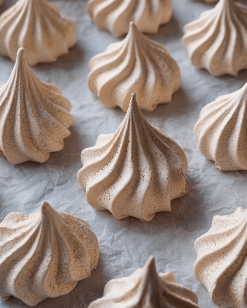 The image shows multiple light beige meringue cookies evenly spaced on a baking tray lined with parchment paper. Each meringue has one layer with a smooth but ridged texture that spirals upward into a pointed peak. The cookies have a matte surface with subtle cracks and a slightly rough texture. The background is a white marbled texture. photo taken with an iphone --ar 4:5 --v 7