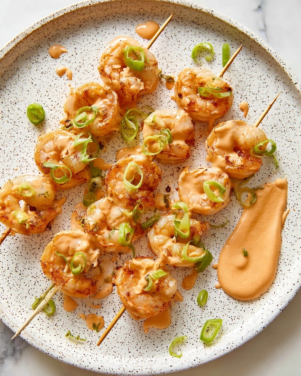 The image shows three wooden skewers of grilled shrimp arranged on a large white speckled plate. Each skewer holds around six curled shrimp coated in a creamy orange sauce with a slightly glossy texture. Thin slices of fresh green onion are scattered on top of the shrimp, adding pops of bright green color. A dollop of the same orange sauce rests on the side of the plate. The plate sits on a white marbled surface, adding a soft, elegant background to the dish. photo taken with an iphone --ar 4:5 --v 7