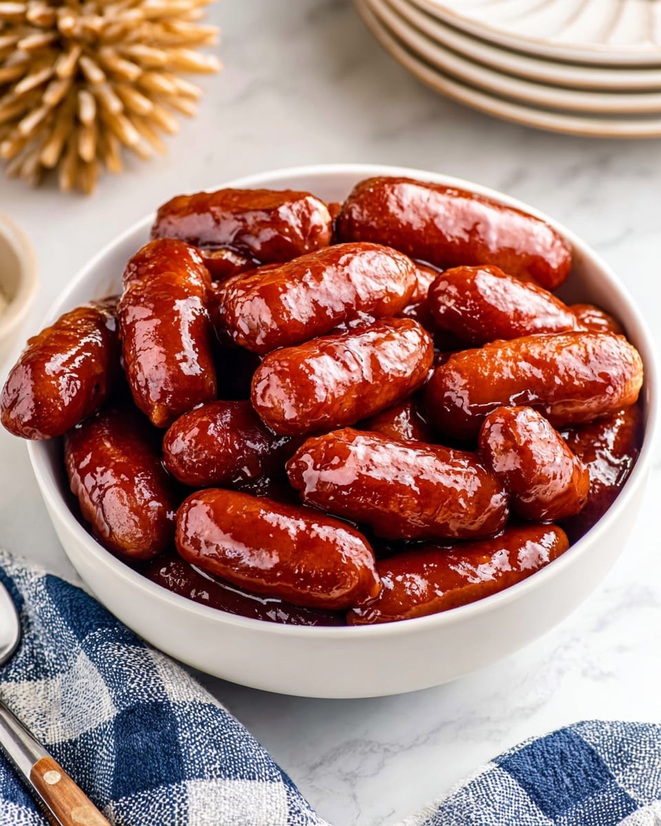 A white bowl filled with many small sausages covered in a shiny, thick reddish-brown sauce; the sausages are layered closely together, showing smooth and glossy textures with some slight wrinkles. The bowl sits on a white marbled surface with a blue and white checkered cloth partially visible beside it. In the background, there are stacked white plates and a blurred tan decorative object. A spoon is partially inside the bowl on the left side. photo taken with an iphone --ar 4:5 --v 7