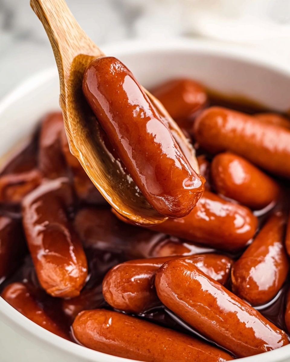 A close-up view of many small sausages covered in a shiny, thick brown sauce, filling a white bowl. Several sausages are lifted high on a wooden spoon, showing their moist, smooth, and glossy surface with reflections of light. The background shows more sausages submerged in the same sauce inside the bowl, all having a rich reddish-brown color. The setting has a clean white marbled texture below and around the bowl. photo taken with an iphone --ar 4:5 --v 7