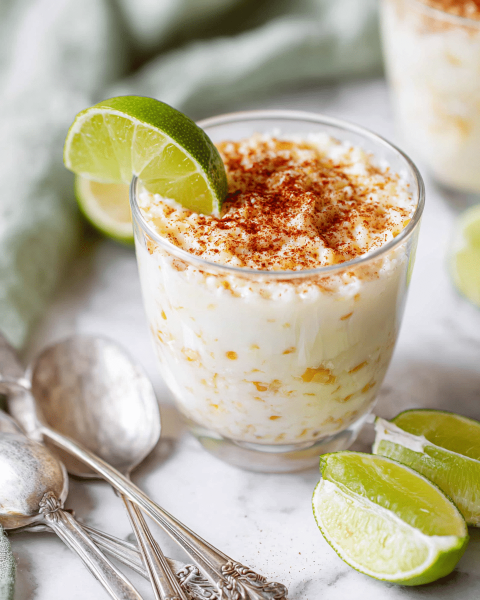 A clear glass cup filled with creamy white corn pudding with a soft, slightly grainy texture layered in three visible parts. The top layer is sprinkled evenly with reddish-brown chili powder, adding a textured contrast. A fresh green lime wedge with bright, shiny skin rests on the rim of the glass. The glass sits on a white marbled surface, with additional lime wedges and two silver spoons lying nearby with ornate handles. A soft green cloth is partially visible behind the glass. Photo taken with an iphone --ar 4:5 --v 7