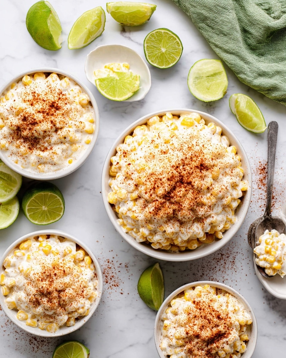 The image shows a dish of creamy corn served in six white bowls of different sizes placed on a white marbled surface. The main bowl, positioned at the center-right, is filled with a thick creamy mixture of corn kernels and white sauce, topped with a generous dusting of reddish-brown chili powder. Surrounding this bowl are five smaller white bowls with the same creamy corn mixture and chili powder on top. Scattered around the bowls are fresh green lime halves and wedges, adding a bright contrast to the creamy and yellow colors of the corn. A large silver spoon with some of the creamy corn on it rests nearby, and a green cloth is partially visible in the top right corner. photo taken with an iphone --ar 4:5 --v 7