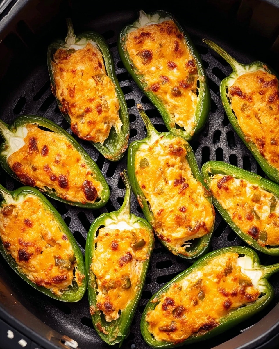 The image shows ten halved green jalapeño peppers arranged in a circle inside a black air fryer basket. Each jalapeño is filled with a creamy orange mixture that has a slightly browned, melted cheese texture on top, with small bits of darker ingredients mixed within. The peppers' bright green skin contrasts with the rich, golden-orange cheesy filling. The black air fryer basket has slotted holes, creating a visible pattern underneath the peppers. The overall look is warm and appetizing, highlighting the stuffed filling and the fresh green pepper skin. Photo taken with an iphone --ar 4:5 --v 7