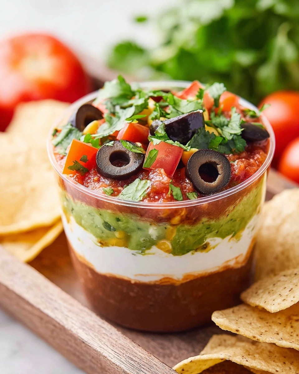 A clear cup holds a five-layer dip set on a white marbled surface, with a wooden tray underneath. The bottom layer is a smooth dark brown refried bean spread, topped by a bright green guacamole layer with visible small chunks. Above this is a thick white creamy layer, likely sour cream, followed by a chunky red salsa layer. The top is decorated with sliced black olives, bright red tomato pieces, and chopped fresh green cilantro. Next to the cup, several pale yellow tortilla chips lean against it. In the blurred background, there are fresh cilantro leaves and whole tomatoes. Photo taken with an iphone --ar 4:5 --v 7