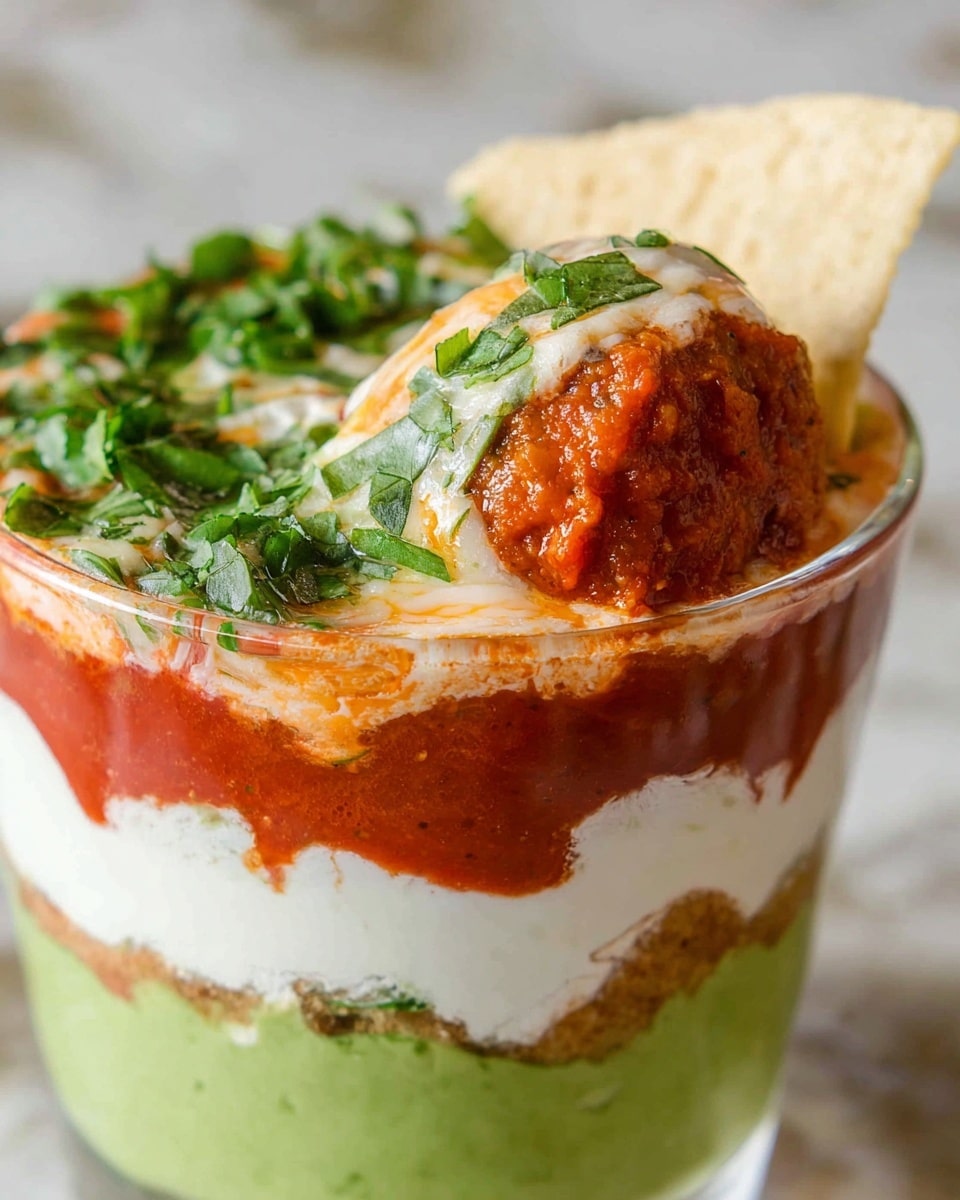 A close-up view of a glass cup with four visible layers: the bottom layer is bright green and smooth, above it is a thick white layer, then a rich red sauce layer topped with fresh green chopped herbs, and lastly a soft round meatball dipped in creamy white and red sauce with melted orange cheese on top, placed near a large white-colored crisp chip. The background is a white marbled texture. photo taken with an iphone --ar 4:5 --v 7