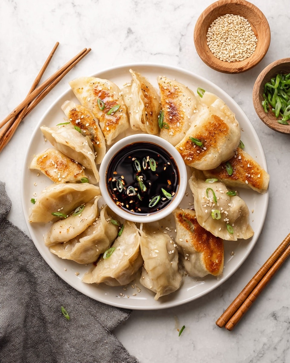 A white plate holds a pile of about fifteen golden-brown and steamed dumplings arranged in a loose, overlapping circle. Each dumpling has a pale, soft dough exterior with some lightly browned, crispy spots on the bottom. Scattered on top are small green onion slices and white sesame seeds. Near the center of the plate is a small white bowl of dark soy dipping sauce, also topped with sesame seeds and a few green herbs. To the left of the plate, a pair of wooden chopsticks rest on a white marbled surface, and to the right are two small wooden bowls, one filled with sesame seeds and the other with green onions. A folded gray cloth napkin is visible in the bottom left corner. Photo taken with an iphone --ar 4:5 --v 7