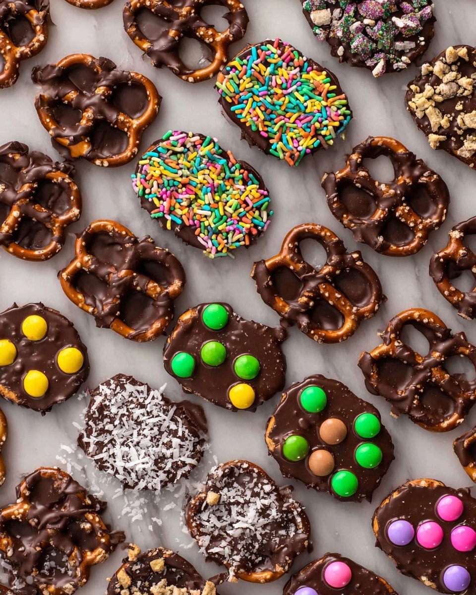 The image shows several rows of chocolate-covered pretzels placed closely together on a white marbled surface. Each pretzel has one layer of dark glossy chocolate coating the entire shape. On the first row, the pretzels are topped with colorful cylindrical sprinkles, bright and uniform in size. The second row has pretzels sprinkled with small chunks of colorful candy pieces that contrast with the dark chocolate. The third row features pretzels decorated with fine white shredded coconut flakes. The fourth row displays pretzels with bright round candy dots in yellow, green, purple, pink, and orange colors. The last row includes pretzels with smooth round brown chocolate pieces placed at the center of each pretzel. The arrangement is neat, and the colors and textures contrast well with the chocolate coating and the white marbled background. photo taken with an iphone --ar 4:5 --v 7