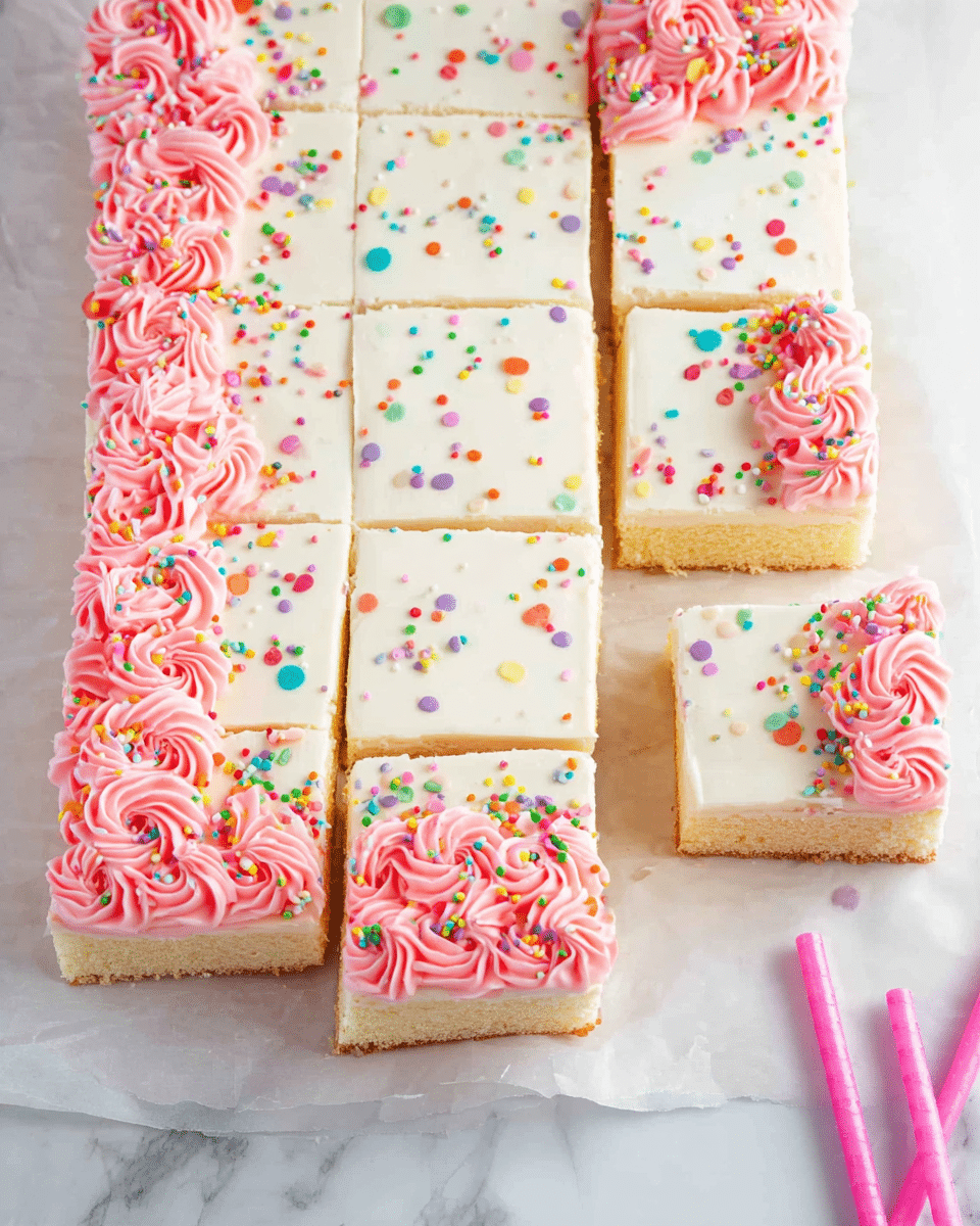 This image shows a rectangular cake cut into six pieces on a white marbled surface. The cake has two main layers: a light golden brown base and a thick, smooth white frosting layer on top, which is decorated with colorful round confetti sprinkles scattered evenly across the surface. Each slice is bordered on one side with bright pink rosette frosting, giving a textured, swirled look. Two slices are slightly separated from the rest, showing the cake’s clean edges and layers clearly. On the right side of the image, two pink candles lie on the white marbled surface next to the cake. Photo taken with an iphone --ar 4:5 --v 7