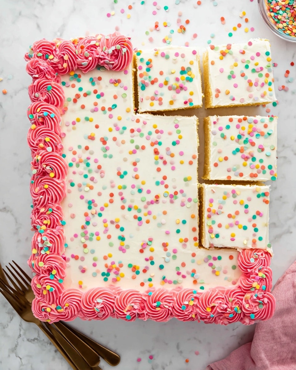 A large square sheet cake with one layer showing a soft yellow base covered with a smooth white frosting. The cake is decorated with colorful round confetti sprinkles scattered evenly across the top. Along the edges, there is a thick border of bright pink swirled frosting. Part of the cake is cut into rectangular pieces in the top right corner, revealing the same soft yellow inside. The cake is placed on a white marbled surface with some loose confetti around it and two bronze forks beside it. Photo taken with an iphone --ar 4:5 --v 7