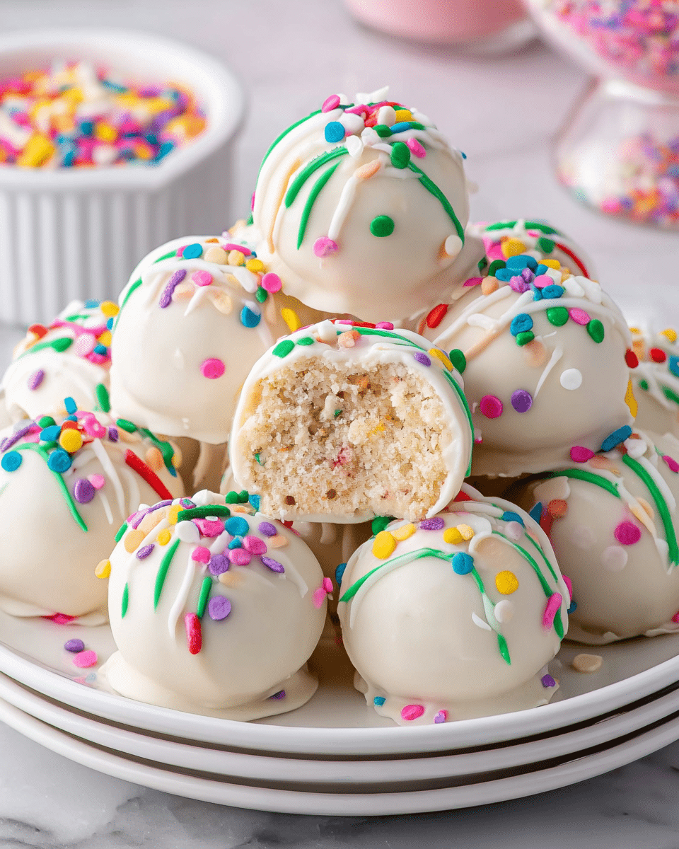 A white plate holds a pile of round cake balls coated in smooth white chocolate. Each ball is decorated with bright, colorful sprinkles in green, red, blue, yellow, purple, pink, and white on top, creating a lively contrast against the white coating. The cake balls appear soft and moist inside, as one ball in the center is cut open, revealing a crumbly beige cake with tiny, colorful sprinkles baked inside. The plate is placed on a white marbled surface, with a slightly blurred white bowl filled with more sprinkles in the background. photo taken with an iphone --ar 4:5 --v 7