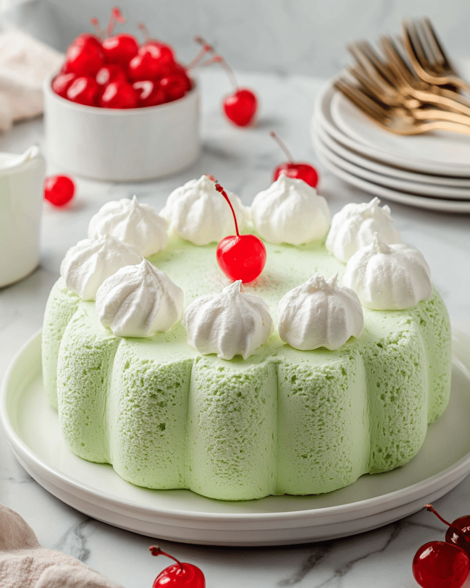The image shows a round, light green mousse cake with a scalloped edge, giving it a soft, pillowy texture on the outside. The top of the cake features a smooth, slightly ridged surface with eight white whipped cream dollops evenly spaced around a single bright red cherry in the center. The cake is placed on a simple white plate set on a white marbled surface. In the background, there are scattered red cherries, a small white bowl filled with more cherries, and a stack of white plates with gold forks. The lighting is soft and natural, highlighting the cake’s smooth and creamy texture. photo taken with an iphone --ar 4:5 --v 7