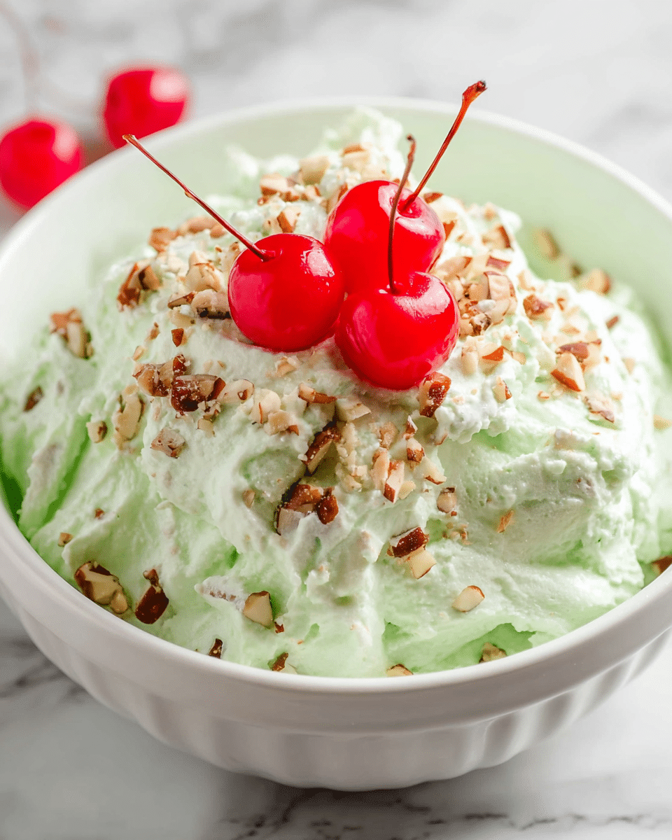 A white bowl filled with a fluffy, pale green creamy dessert that has a smooth yet slightly chunky texture with bits of nuts mixed throughout. On top, three bright red cherries with stems are placed in the center, surrounded by a sprinkling of chopped nuts. The bowl rests on a white marbled surface, enhancing the vivid colors and texture contrast of the dessert. photo taken with an iphone --ar 4:5 --v 7