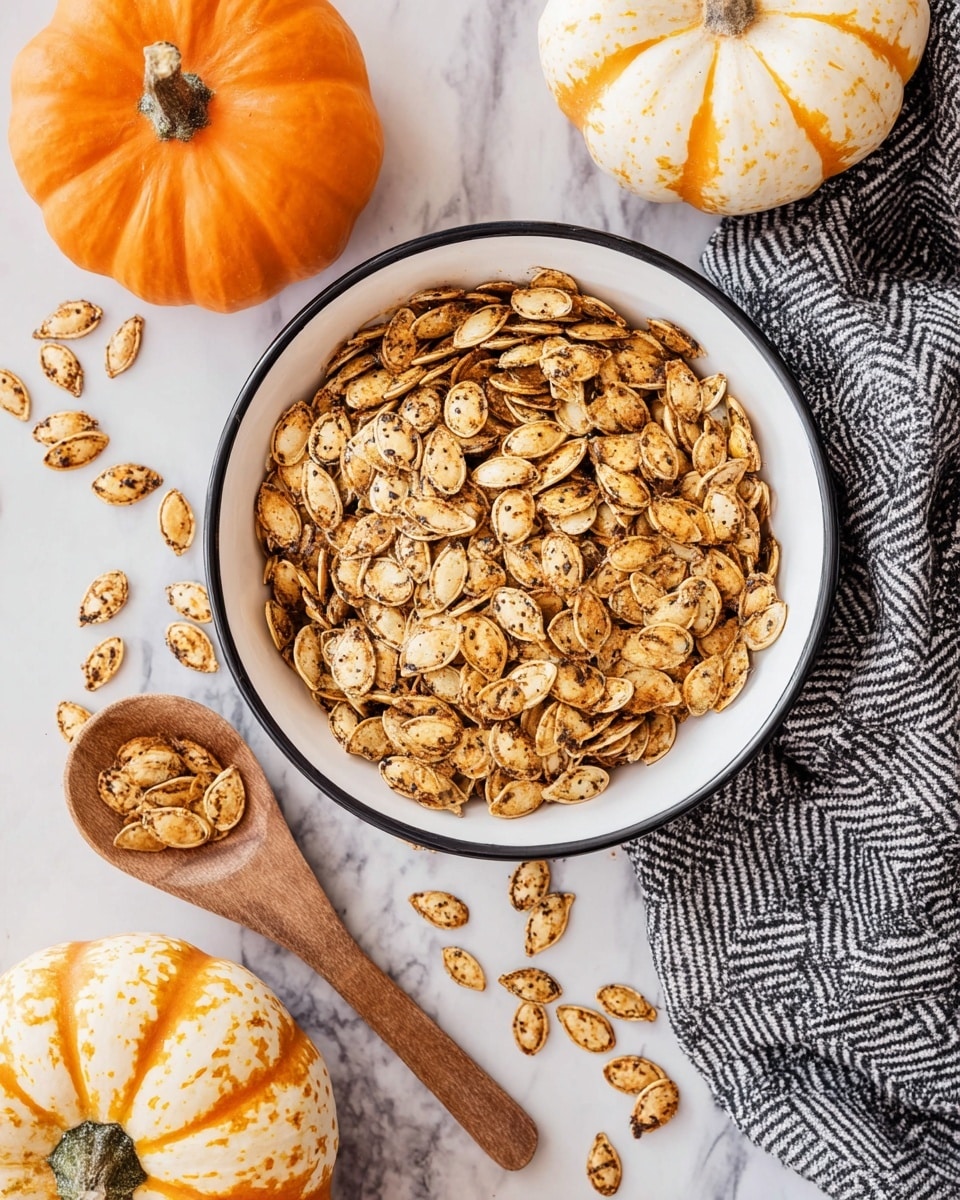The image shows a black square baking tray filled with one even layer of roasted pumpkin seeds that are light brown with darker spice specks, covering the entire surface. Some seeds are scattered around the tray on a white marbled surface. Two orange pumpkins are partly visible in the top left. A white cloth with black zigzag lines is seen in the bottom left corner. Photo taken with an iphone --ar 4:5 --v 7