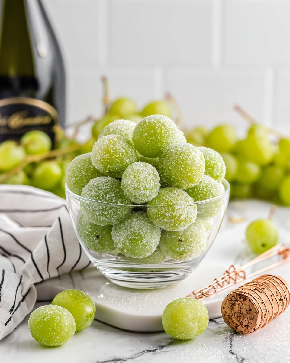 A clear glass bowl filled with a single layer of green grapes covered in sugar crystals that give a frosty look, placed on a white marbled surface. Around the bowl, there are loose green grapes scattered and a white cloth with black stripes. In the background, a cork and wire cage from a sparkling wine bottle rest near the bowl, with the blurred black bottle and more green grapes further behind. photo taken with an iphone --ar 4:5 --v 7