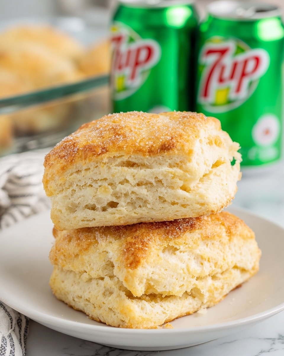 Two thick, soft biscuits are stacked on a white plate set on a white marbled surface. The bottom biscuit shows a flaky, layered texture with a light golden-brown top sprinkled with a bit of coarse sugar. The top biscuit is slightly tilted, revealing its airy, crumbly inside with a similar light golden crust. In the blurred background, two green 7 Up cans add a pop of bright color, along with a glass baking dish holding more biscuits. A striped cloth is partially visible at the plate’s edge. Photo taken with an iphone --ar 4:5 --v 7