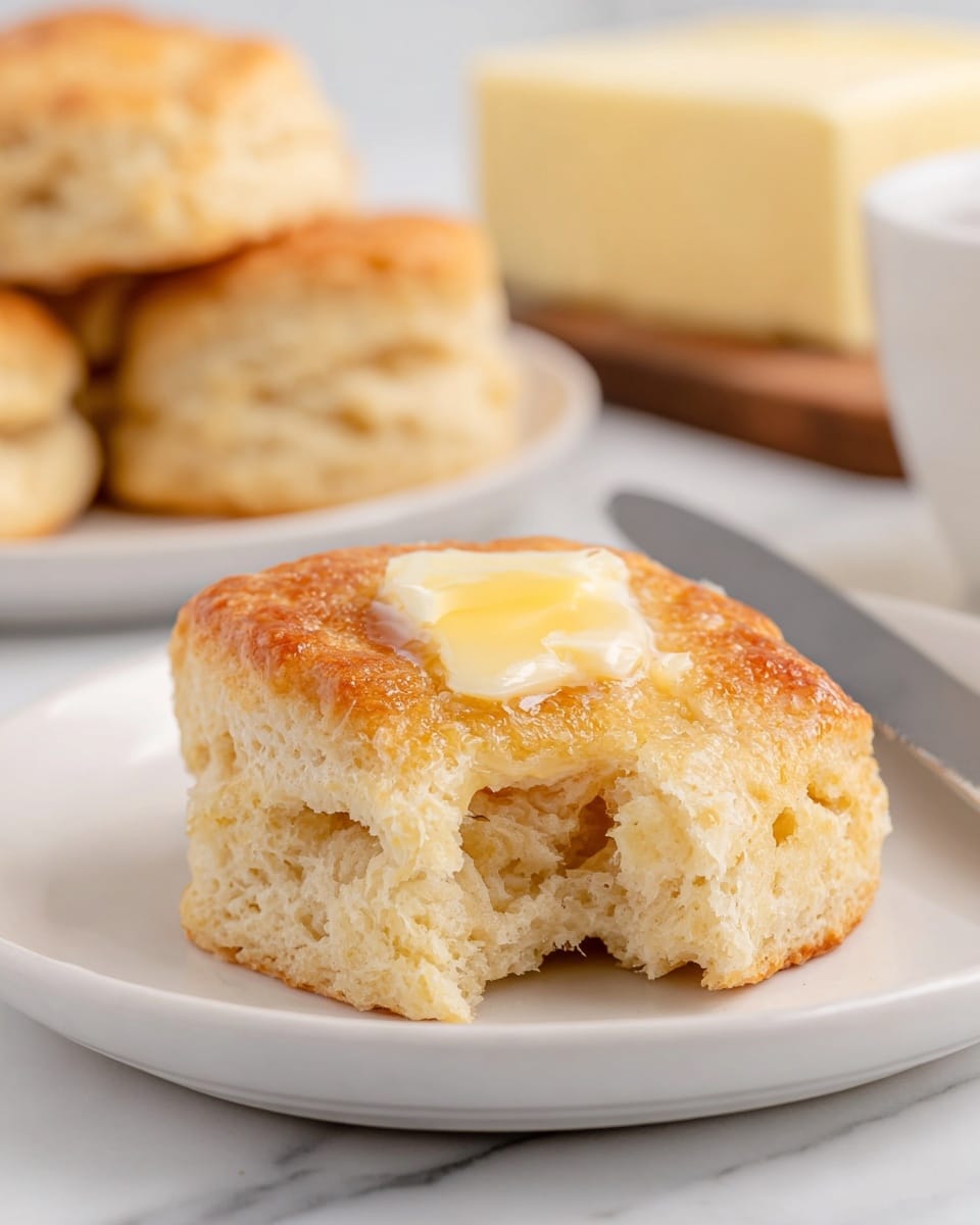 A close-up of a soft biscuit with a golden-brown top and a light, fluffy inside, placed on a white plate. A small dollop of melting pale yellow butter sits on the biscuit's warm surface, with the biscuit showing a bite taken out, revealing the crumbly texture inside. In the blurred background, there are more biscuits on a white plate and a block of butter with a knife on a wooden board, all set on a white marbled surface. photo taken with an iphone --ar 4:5 --v 7