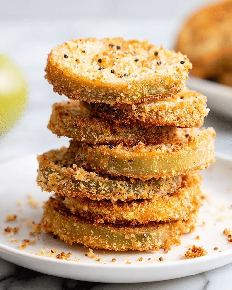 A stack of six round fried green tomatoes is placed on a white plate against a white marbled background. Each tomato slice is coated with a golden brown crispy breadcrumb layer, showing hints of green tomato inside between the crispy coating. The breading has a rough texture with small black pepper specks. The stack is slightly uneven, with crumbs scattered lightly around the plate, and blurry background elements give a warm and inviting feel. photo taken with an iphone --ar 4:5 --v 7