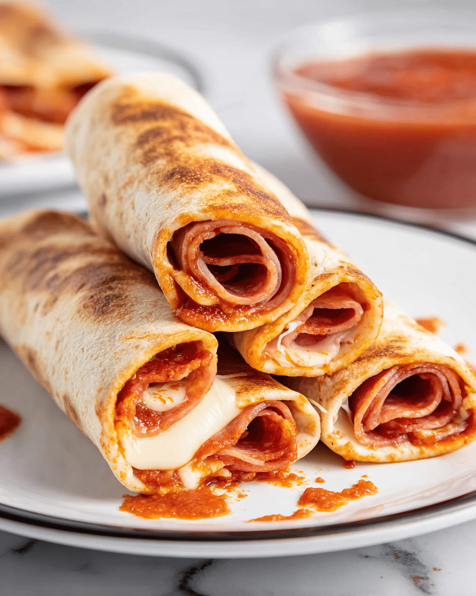 The image shows three rolled tortillas stacked in a pyramid shape on a white plate with a thin black rim. Each roll has visible layers from the outside to inside: a browned tortilla wrap, a layer of folded thin reddish-brown pepperoni slices, melted white cheese, and reddish tomato sauce inside. Some tomato sauce is spread on the inside and a bit spills onto the white marbled surface around the plate, adding color contrast. In the background, a glass bowl filled with red tomato sauce is slightly blurred. Photo taken with an iphone --ar 4:5 --v 7
