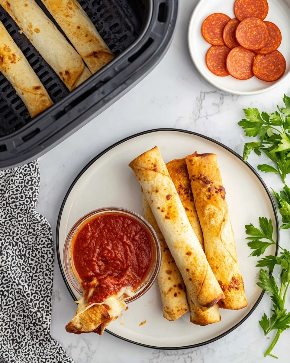 The image shows a white plate with a black rim placed on a white marbled surface. On the plate, there are four rolled, golden-brown baked taquitos arranged closely together, with one taquito bitten into at the top right, showing layers of melted cheese and pepperoni inside. Below the taquitos is a small glass bowl filled with chunky red marinara sauce, with some sauce spread on the bottom left taquito that is partially off the plate. To the right of the plate, fresh green parsley leaves add color and freshness. Above the plate, there is a small white bowl containing four slices of pepperoni. In the top left corner, a black air fryer basket holds three evenly baked taquitos with a light golden crust. A black and white patterned cloth is partially visible in the bottom left corner. Photo taken with an iphone --ar 4:5 --v 7