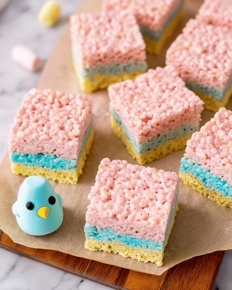 The image shows square-shaped layered crispy rice treats arranged on parchment paper over a wooden board, placed on a white marbled surface. Most squares have a single top layer of light pink crispy rice with a bumpy texture, while a few pieces display three visible layers: the top pink layer, a middle light blue layer, and a bottom pale yellow layer, all with a crunchy, airy texture. Alongside the treats is a small blue marshmallow shaped like a chick with a smooth texture and small dark eyes, adding a playful touch to the scene. Photo taken with an iphone --ar 4:5 --v 7