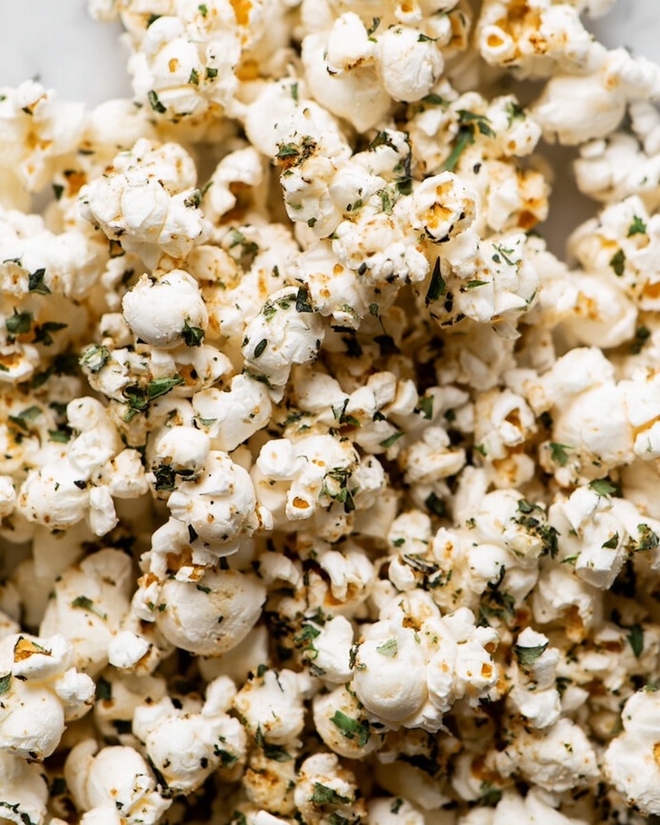 A close-up view of white fluffy popcorn pieces mixed with small bits of green herbs and light brown seasoning sprinkled all over. The popcorn kernels show some slight golden toasted spots and fine salt grains, creating a textured and crunchy look. The image fills the frame fully with popcorn, without showing any plate or bowl, against a soft white marbled background. photo taken with an iphone --ar 4:5 --v 7