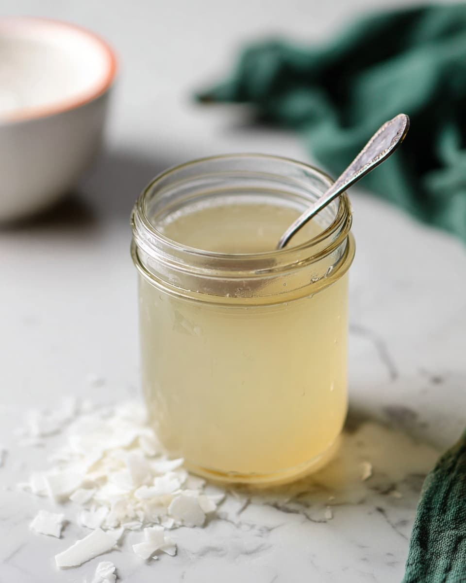 A clear glass jar filled with a pale yellow, slightly cloudy liquid, with a small silver spoon resting inside. The jar sits on a white marbled surface scattered with pieces of white flakes. In the background, there is a blurred white bowl, and a green cloth is partially visible on the right side. The overall scene is softly lit. photo taken with an iphone --ar 4:5 --v 7