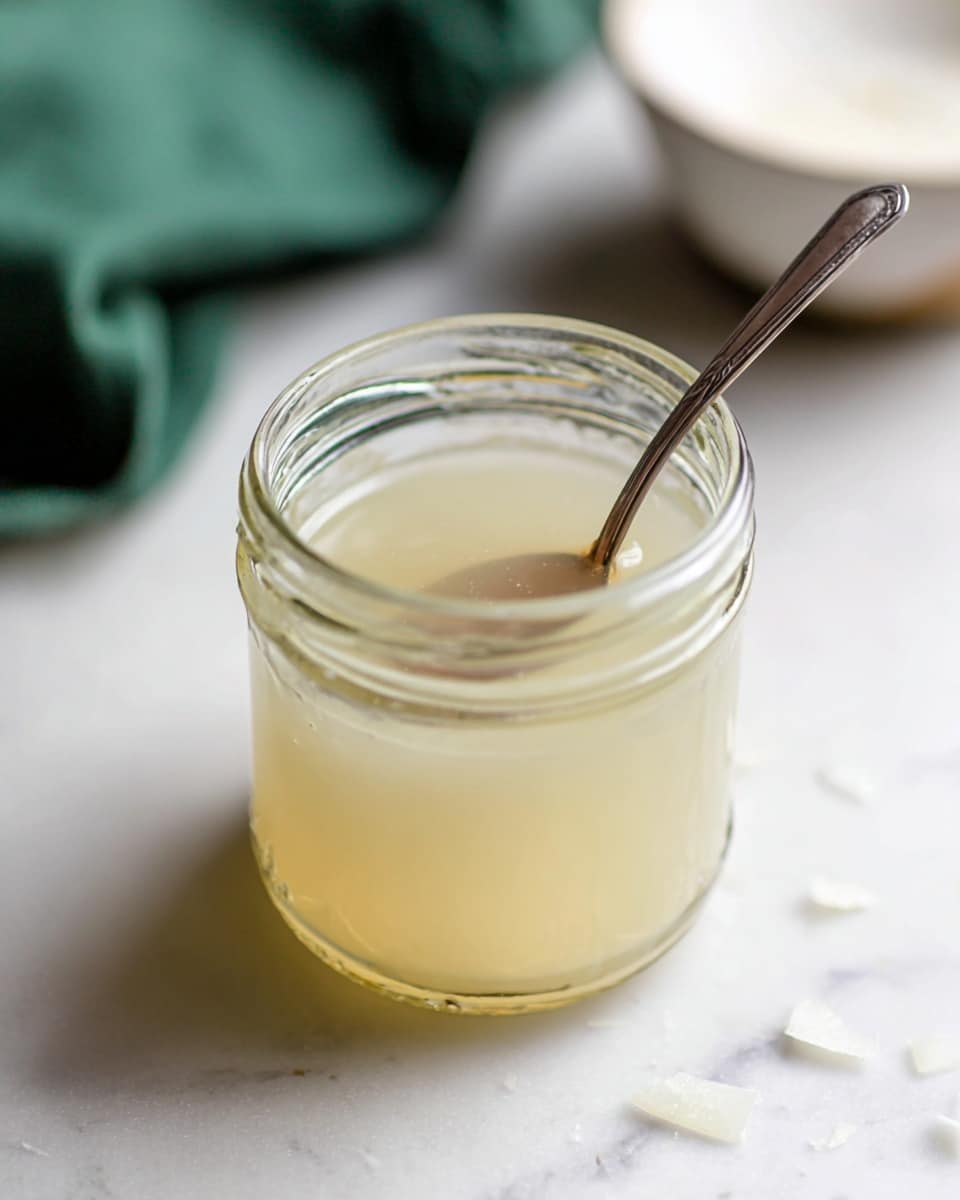 A clear glass jar filled with a light pale yellow liquid that looks smooth and slightly shiny, with a silver spoon resting inside. The jar sits on a white marbled surface with small broken pieces scattered around. In the blurry background, there is a white bowl and a green cloth. The lighting is soft, showing the jar’s clear texture and the liquid's gentle glow. photo taken with an iphone --ar 4:5 --v 7