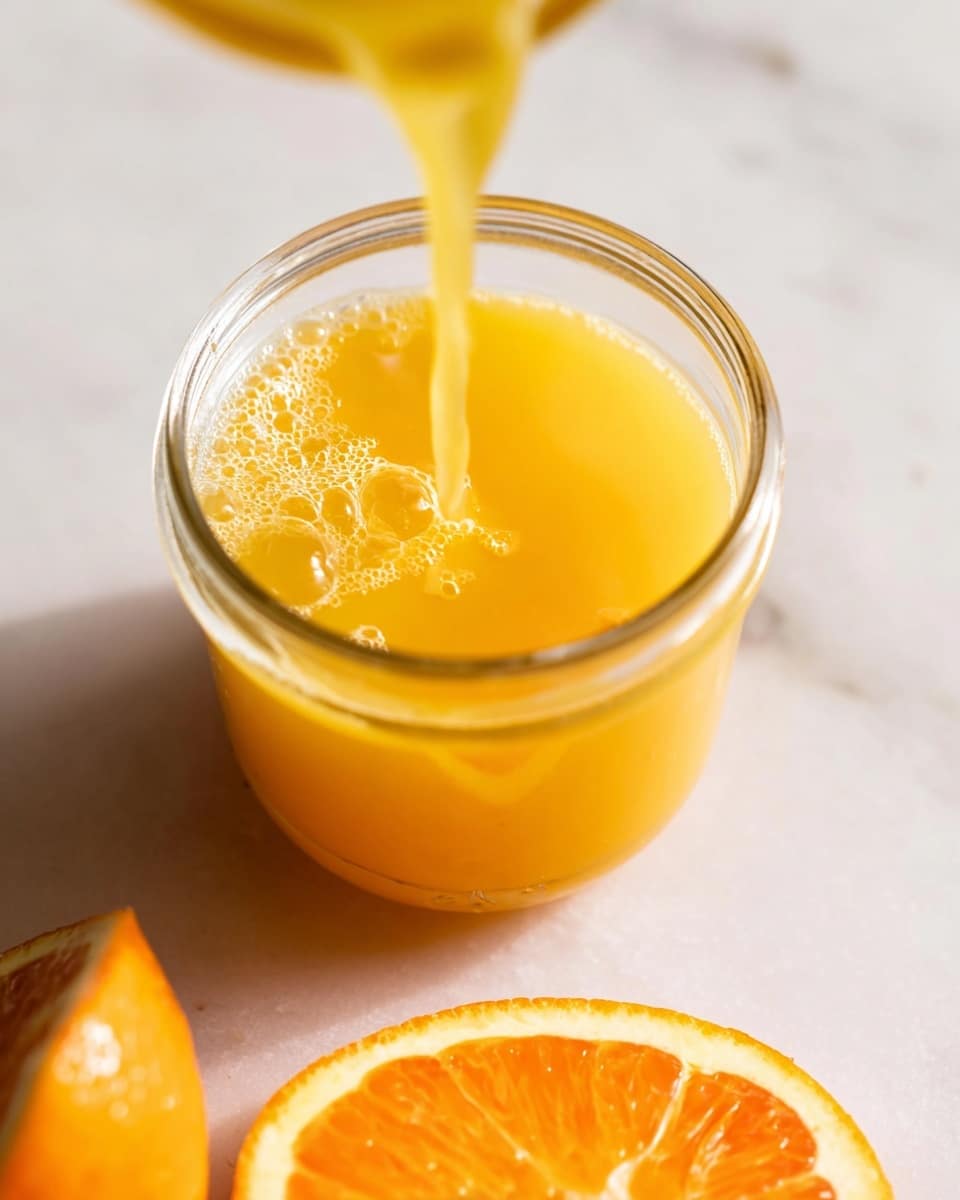 The image shows bright orange juice being poured into a clear glass jar filled halfway with the same orange juice. The juice has a smooth, slightly bubbly texture with small bubbles visible on the surface. At the bottom of the image, there is a sliced orange with a vibrant, rich orange color and a juicy texture. The entire setting is on a white marbled surface, giving a clean and fresh look. Photo taken with an iphone --ar 4:5 --v 7