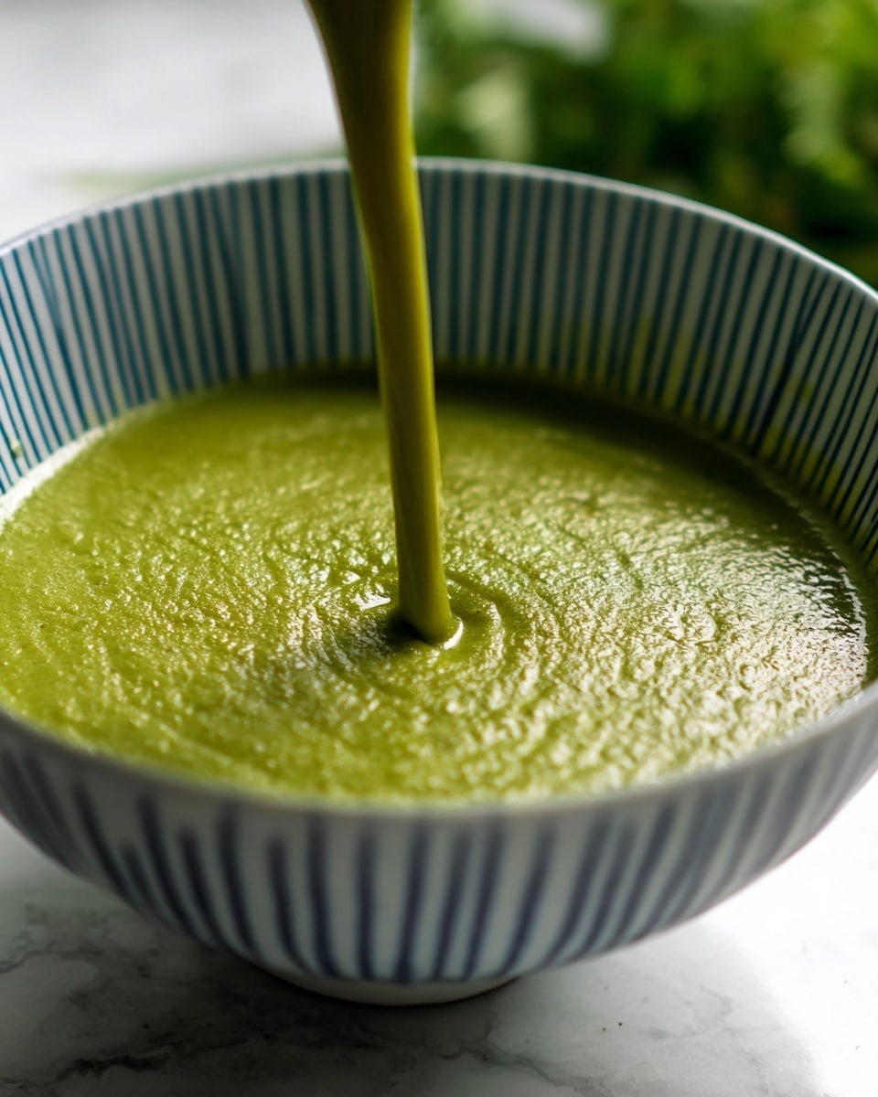 A white bowl with thin blue vertical stripes around the outside is filled with a thick, smooth green soup being poured into the center, creating a small circular depression where the pour meets the surface. The soup has a textured, slightly bubbly surface with a mix of lighter and darker green shades. The bowl sits on a white marbled surface, with blurred green herbs visible in the background. The lighting is soft, highlighting the glossy texture of the soup. photo taken with an iphone --ar 4:5 --v 7