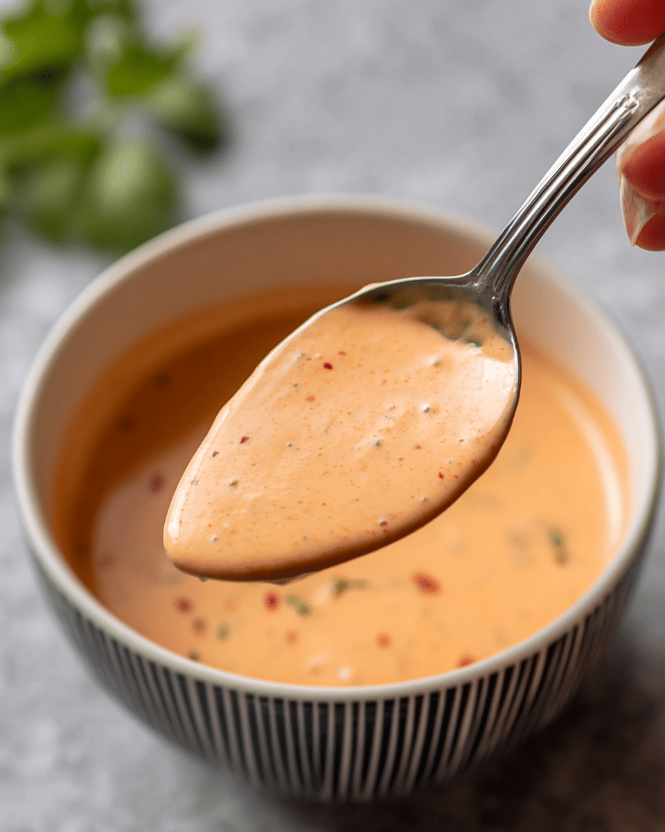 A close-up image shows a spoon filled with creamy, light orange sauce with small red specks, held by a woman's hand. The spoon is above a white bowl with fine black vertical stripes, filled with the same sauce. The background features a soft white marbled surface with some blurred green cilantro leaves partly visible. The sauce has a smooth, thick texture with tiny bits of seasoning throughout. photo taken with an iphone --ar 4:5 --v 7