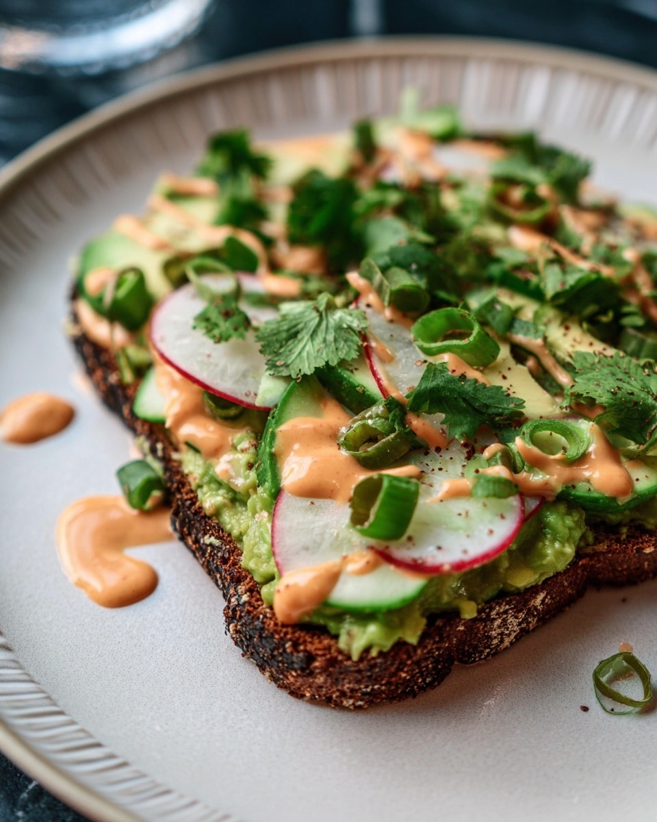 A close-up view of a slice of dark toasted bread with a thick base layer of mashed green avocado spread evenly across it. On top, there are thin slices of pale cucumber and white radish with pink edges overlapping in a neat row. Drizzled over these is a light orange creamy sauce that pools slightly on the edges. Fresh green sliced scallions and chopped dark green herbs are scattered over the top, with a few whole cilantro leaves adding texture. The toast sits on a white plate with a subtle raised edge, placed on a white marbled tabletop, with a drop of sauce dripping onto the plate. photo taken with an iphone --ar 4:5 --v 7