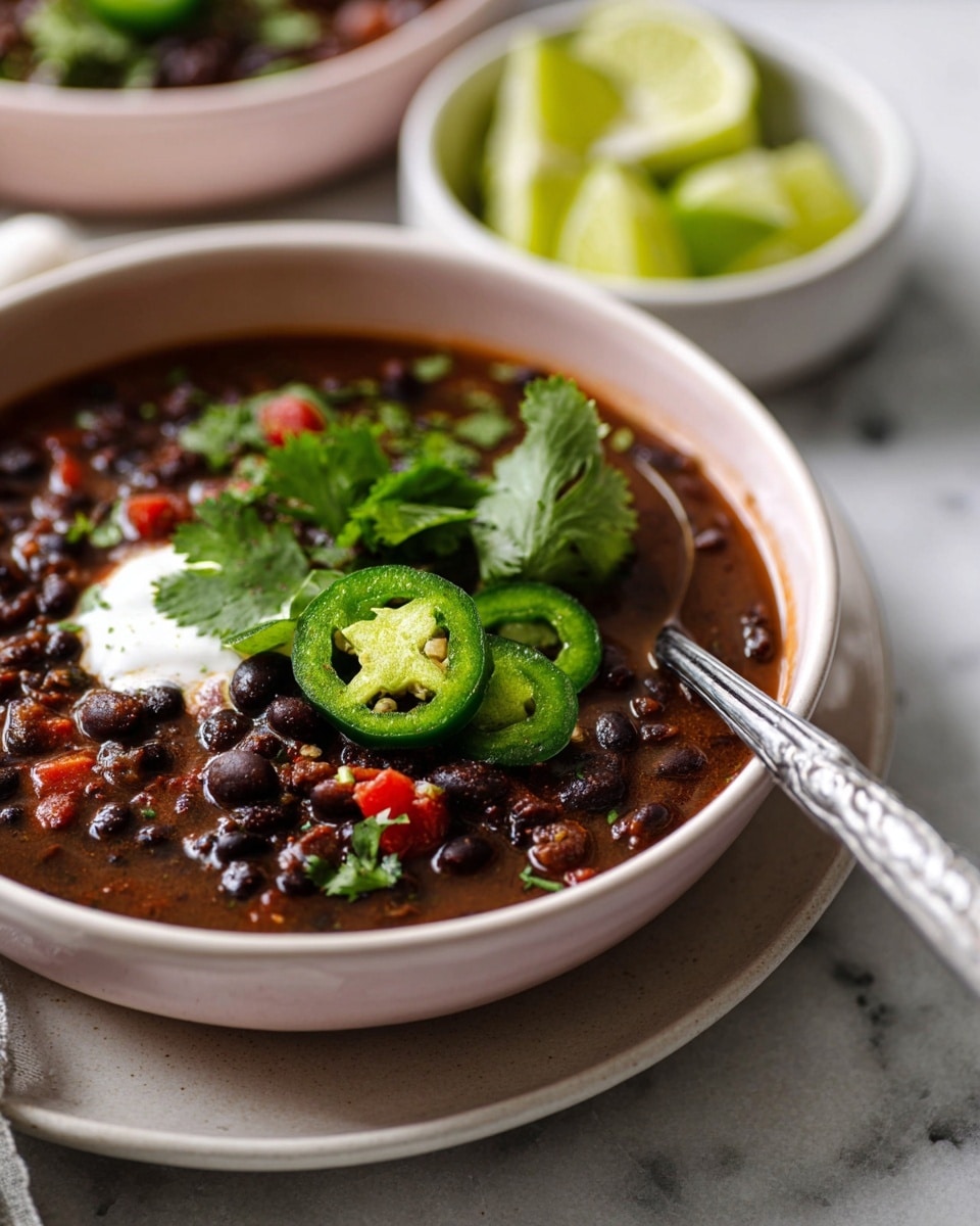 A close-up of a bowl of dark black bean chili with visible beans and small pieces of red peppers in a light pink bowl resting on a white plate. The chili is topped with fresh green cilantro leaves, three bright green jalapeño slices, and a dollop of white sour cream. A silver spoon is partially inside the bowl on the right. In the background, there is a blurred small white bowl holding lime wedges, placed on a white marbled textured surface. photo taken with an iphone --ar 4:5 --v 7