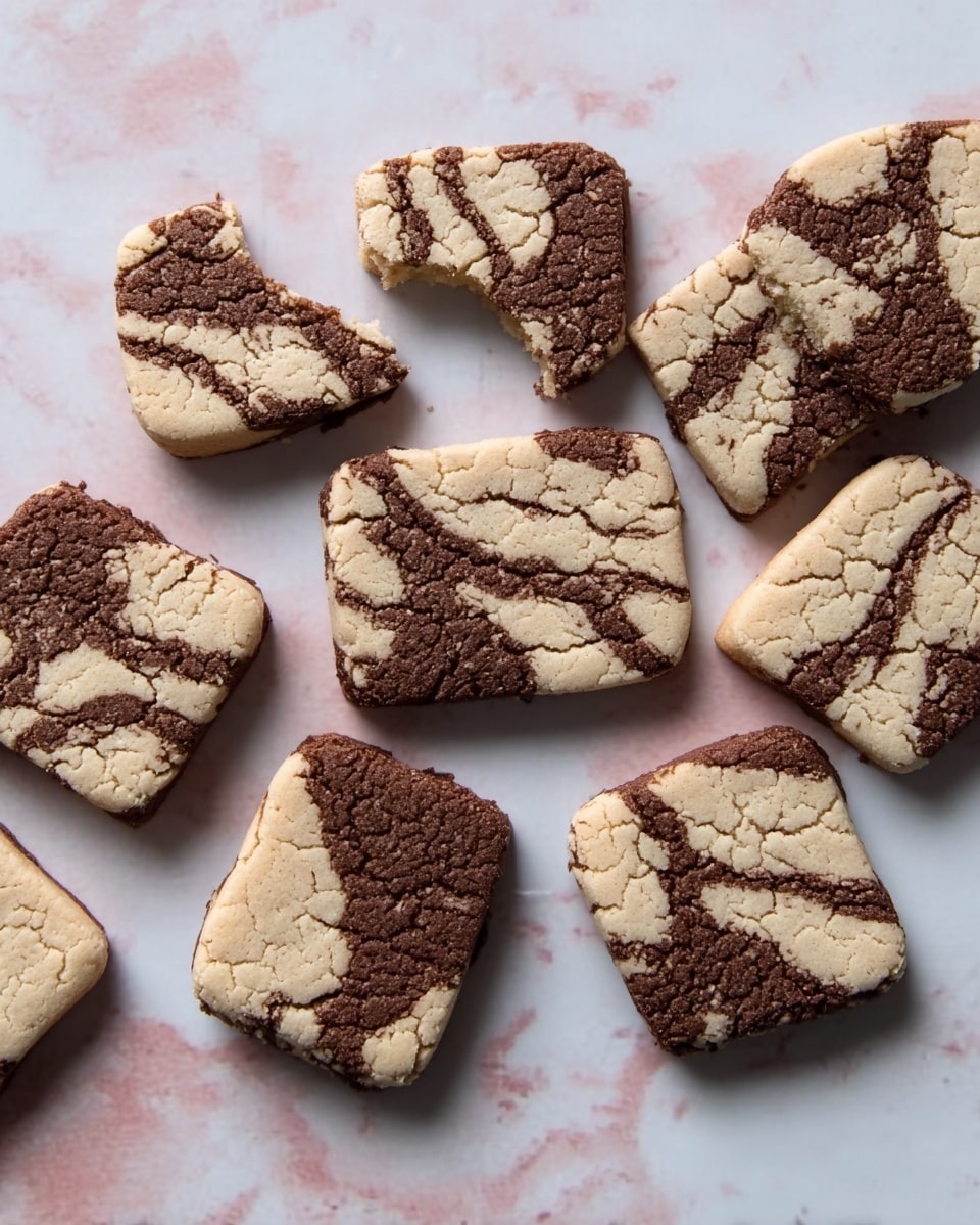 Nine square-shaped marble cookies are placed on a surface with a white marbled texture. Each cookie has an uneven pattern with two colors: light beige and dark brown, swirled together creating a cracked effect across the surface. The cookies are arranged loosely in a casual, slightly scattered line with some edges overlapping. One cookie at the top left has a bite taken out of it, showing the inner texture. The overall look is soft and crumbly, with the swirled pattern making each piece unique. Photo taken with an iphone --ar 4:5 --v 7