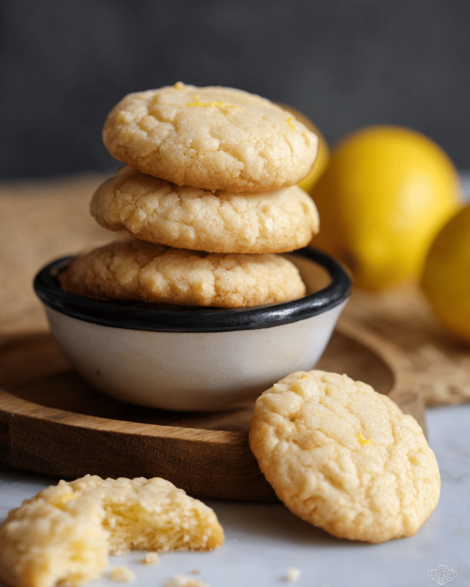 A stack of five round, light golden cookies with a slightly cracked and textured surface sits in a small white bowl with black inside, placed on a wooden board. In front of the bowl on the white marbled texture surface, two whole cookies and one bitten cookie lay flat, showing a crumbly interior. The cookies have an uneven edge and a soft matte finish. In the background, out of focus, three yellow lemons add a splash of color. Photo taken with an iphone --ar 4:5 --v 7