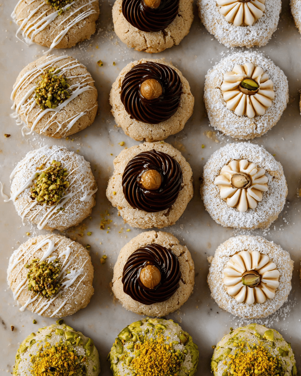 A close-up top view of four vertical rows of round cookies arranged neatly on a white marbled surface. The first row has light beige cookies topped with a rough crumb layer and white icing drizzle. The second row features beige cookies covered in chopped nuts, each topped with a swirl of dark chocolate cream and a single hazelnut in the center. The third row contains white powdered sugar-coated cookies with a caramel-colored piped filling in the middle, creating a flower-like shape. The fourth row shows pistachio-green cookies with a rough texture, topped with a green nut piece, yellow nut crumbs, and white icing drizzle. Photo taken with an iphone --ar 4:5 --v 7