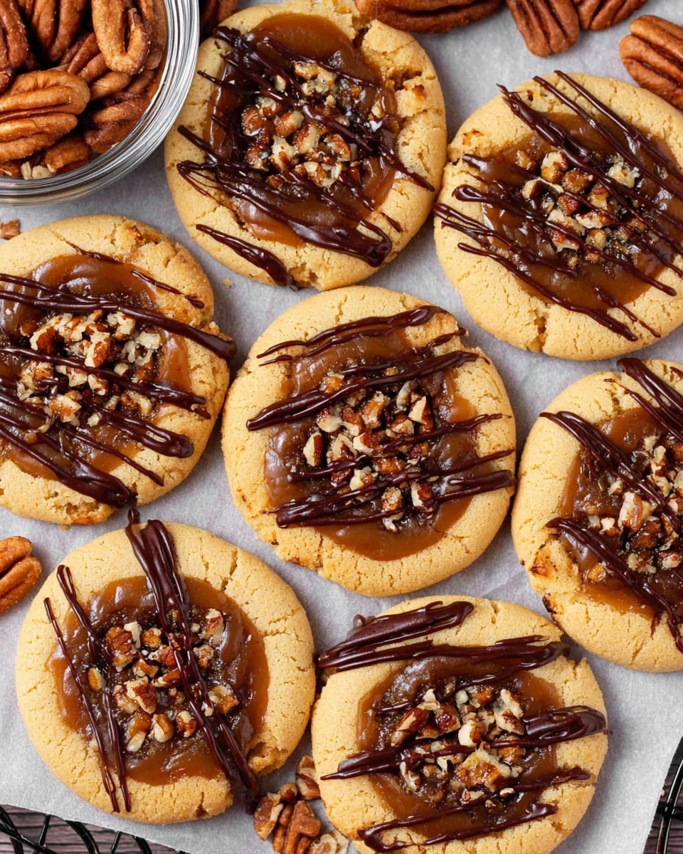 The image shows a close-up view of round pecan cookies arranged closely on a white marbled surface with some parchment paper and a black cooling rack partially visible. Each cookie has one clear base layer of golden-brown dough that looks soft and slightly crumbly. In the center of every cookie, there is a thick, glossy brown layer of pecan filling made of caramel and pecan pieces. On top of this filling, there is a drizzle of dark chocolate in a random crisscross pattern and small chopped pecan pieces scattered all over. Whole pecans are scattered around the cookies and in a glass bowl in the top left corner. photo taken with an iphone --ar 4:5 --v 7