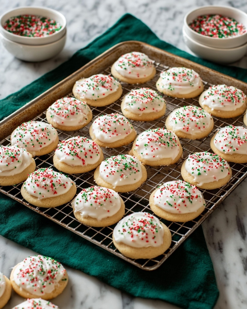 A metal tray holds a cooling rack filled with 25 round, soft sugar cookies. Each cookie has one layer of smooth white icing that slightly drips over the edges. On top of the icing, there are small red and green sugar sprinkles scattered evenly, adding a festive touch. Underneath the tray, a dark green cloth is partially visible against a white marbled surface. Two extra iced cookies sit beside the tray on the white marbled surface. In the background, two white bowls contain colorful sprinkles and powdered sugar. Photo taken with an iphone --ar 4:5 --v 7