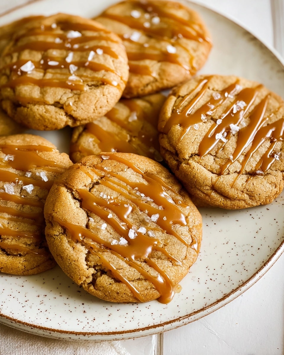 The image shows a close-up of five golden brown cookies arranged on a white plate with a subtle speckled pattern. Each cookie has a soft, slightly cracked texture and is topped with shiny caramel drizzle in uneven lines and small flakes of white sea salt scattered on top. The cookies are placed on a white marbled surface, with a warm, inviting look. photo taken with an iphone --ar 4:5 --v 7