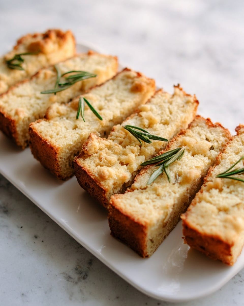 The image shows six rectangular slices of a crumbly cake or bread lined up closely on a white plate. Each piece has a golden-brown top with a rough, crumbly texture and a light beige inside that looks soft and airy. Small green sprigs of rosemary are placed on top of some pieces, adding a touch of color. The plate sits on a white marbled surface which adds a clean and bright feel to the image. The light highlights the soft texture and golden tones of the cake slices, making them look fresh and inviting. photo taken with an iphone --ar 4:5 --v 7
