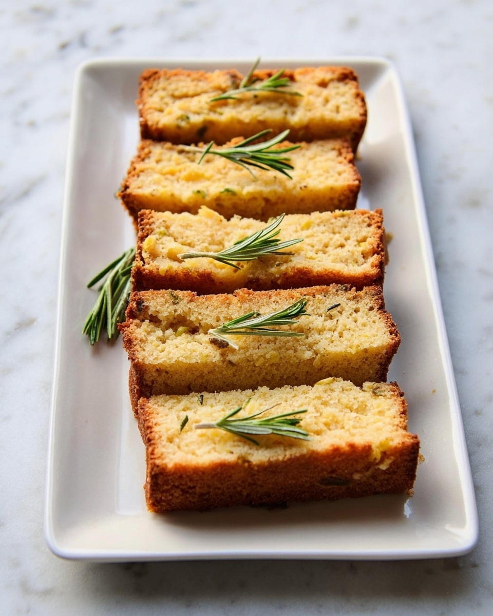 Six rectangular cake slices are laid side by side on a white plate, each slice golden brown with a crumbly texture on top and a denser, lighter interior. Small green rosemary sprigs rest on each slice, adding a touch of fresh color. The plate sits on a white marbled surface. photo taken with an iphone --ar 4:5 --v 7