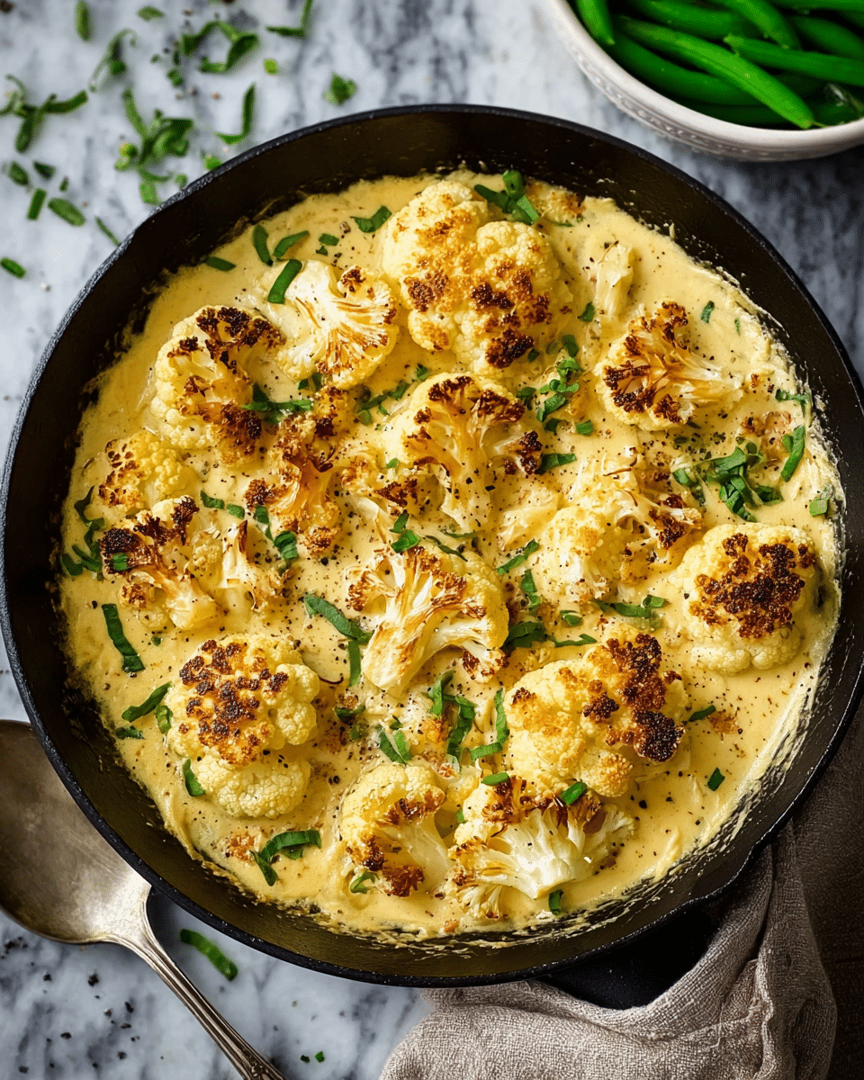 The image shows a close-up of a black cast iron pan filled with golden-brown roasted cauliflower florets in creamy cheese sauce. The cauliflower pieces have a mix of light tan and white colors with some crispy, browned edges and are lightly sprinkled with chopped green herbs and black pepper. A large silver spoon rests inside the pan, partly covered in thick, pale yellow sauce that has creamy and smooth texture. The background has a white marbled texture. Photo taken with an iphone --ar 4:5 --v 7