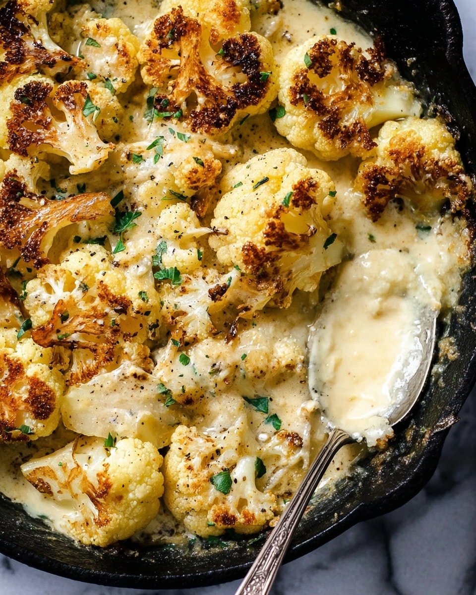 A black skillet filled with a creamy yellow sauce topped with roasted cauliflower florets, which are golden brown on the edges with some darker char spots. The cauliflower is scattered evenly, sprinkled with small green chopped herbs, and some black pepper dots are visible on the sauce. The skillet rests on a white marbled textured surface, alongside a silver spoon and some scattered green herbs. In the background, there is a white bowl partly visible filled with green beans. Photo taken with an iphone --ar 4:5 --v 7