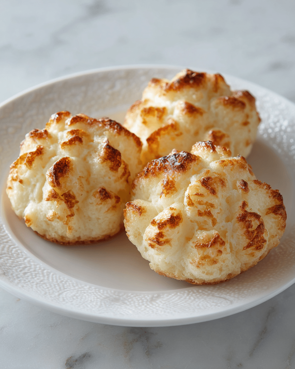 The image shows three small potato duchesses arranged close together on a white plate with a subtle embossed pattern. Each duchess has a rough round shape with a piped texture that forms ridges and peaks all over, slightly browned on the raised parts, giving a toasted golden color on top of the creamy off-white base. The background surface under the plate is a white marbled texture. photo taken with an iphone --ar 4:5 --v 7