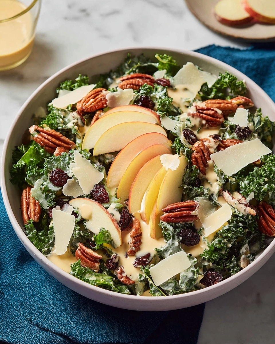 A fresh salad is served in a white bowl on a white marbled surface. The base layer is made of dark green curly kale leaves, topped with thin slices of yellow-green apple arranged in a small pile on one side. Scattered over the kale are reddish-brown pecan halves and small dark raisins. Large thin white shavings of cheese are placed evenly across the salad. Creamy light beige dressing is drizzled over everything, creating a smooth texture on the leaves, apple slices, and nuts. Photo taken with an iphone --ar 4:5 --v 7