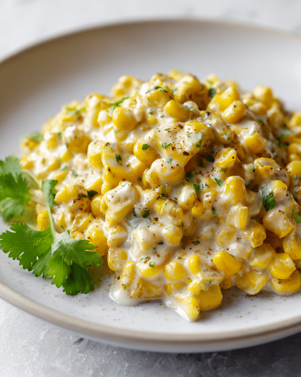 The image shows a close-up of a creamy corn dish on a white plate with a small garnish of green cilantro leaves on the side. The main layer consists of bright yellow corn kernels mixed with a creamy, slightly white sauce that glistens, giving a soft texture. Small bits of green herbs are spread evenly throughout the corn, adding a fresh look. The plate sits on a white marbled surface, enhancing the dish's colors. photo taken with an iphone --ar 4:5 --v 7