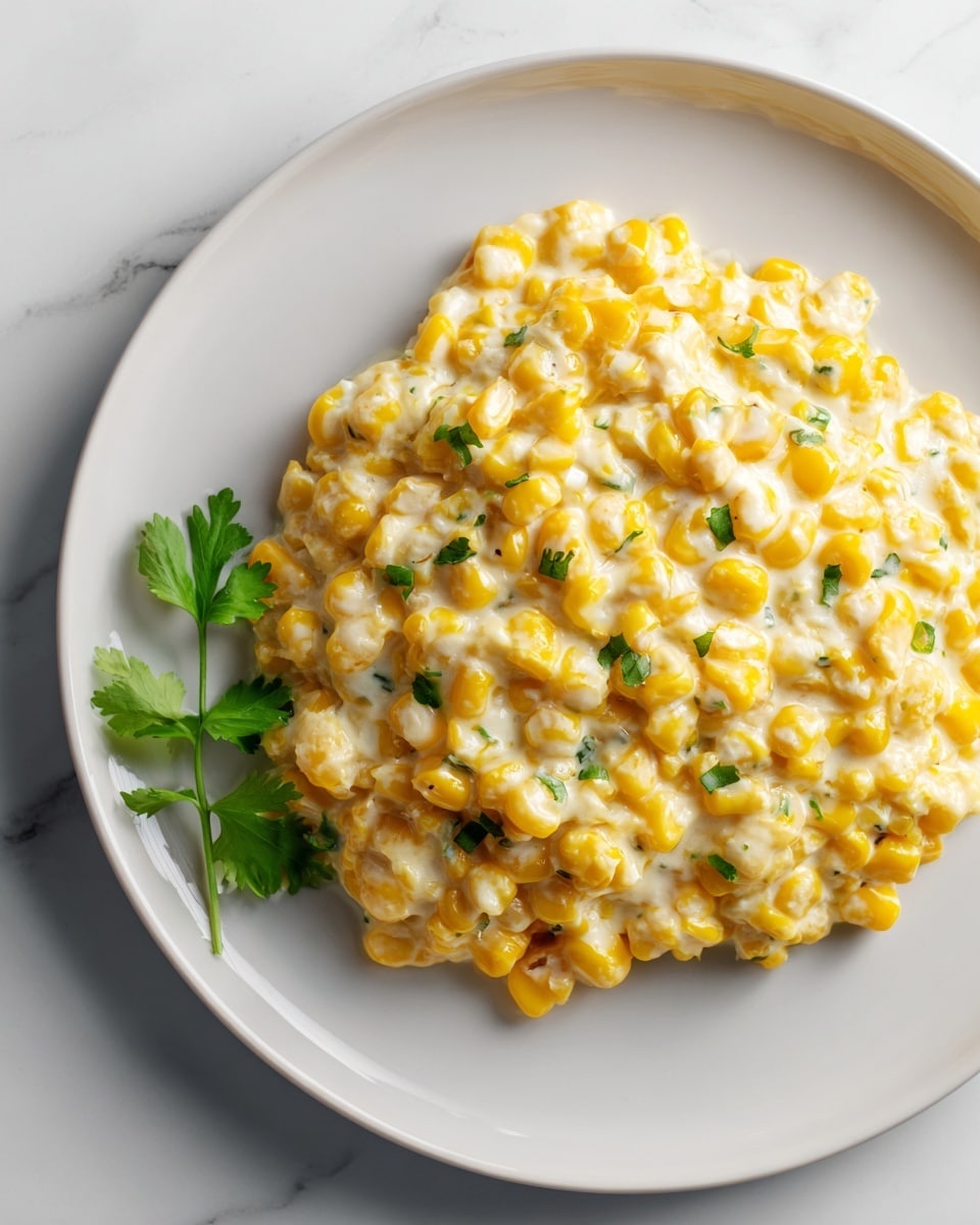 The image shows a close-up of a creamy corn dish served on a white plate with a white marbled textured surface beneath. The dish consists of bright yellow corn kernels mixed with small bits of green herbs all covered in a smooth, white, creamy sauce. On the left side of the plate, a few fresh green cilantro leaves are used as garnish, adding a splash of color and freshness to the dish. The overall texture looks soft and slightly glossy from the creamy coating. Photo taken with an iphone --ar 4:5 --v 7