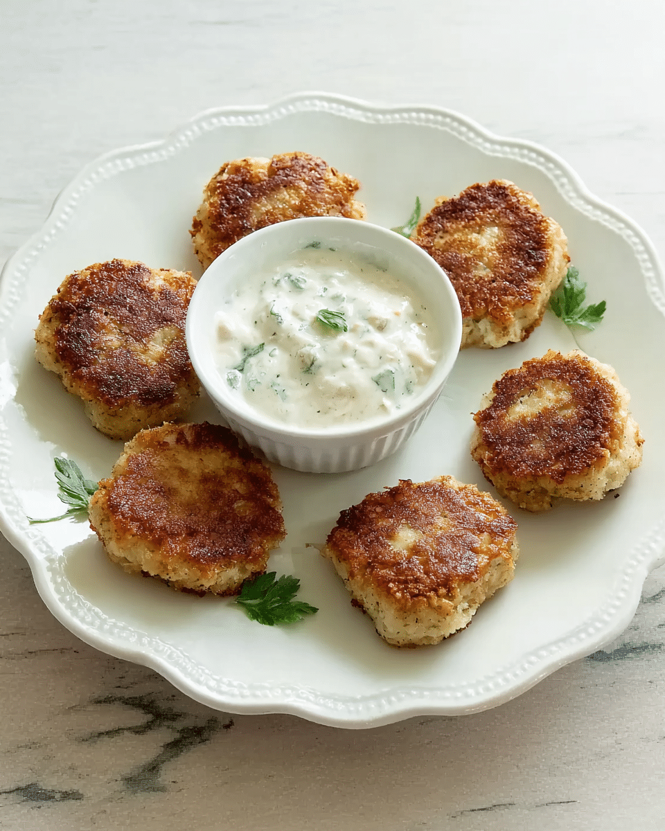 A white plate with a scalloped edge holds six small, round patties that are golden brown and slightly crispy on the outside. In the center of the plate, there is a small white bowl filled with creamy white sauce that has visible green herb bits mixed in. The plate is placed on a white marbled surface, providing a clean and bright background. photo taken with an iphone --ar 4:5 --v 7