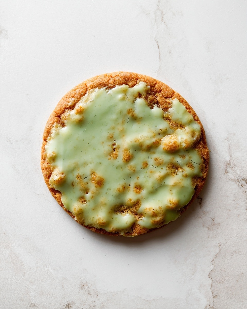 A single round cookie is shown on a white marbled surface. The cookie's base layer is golden-brown with a slightly rough texture, visible through a thin, uneven layer of light green glaze spread over the top, creating a mottled effect where some brown spots show through. The glaze looks smooth but has a few small air bubbles and cracks. Photo taken with an iphone --ar 4:5 --v 7