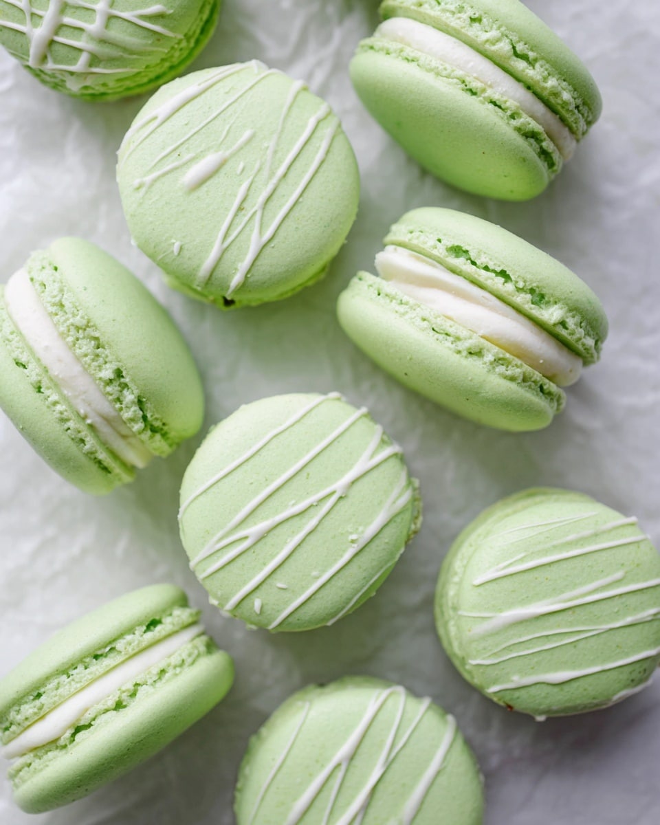 A group of round, light green macarons is arranged on a crinkled white marbled texture. Each macaron has two smooth, slightly shiny green cookie shells that sandwich a creamy white filling layer. Some macarons are decorated with thin white stripes drizzled across the top, adding a delicate texture contrast. The macarons have a soft, airy appearance with slightly ruffled edges where the filling meets the shells, and they are scattered casually, showing different angles of the dessert. Photo taken with an iphone --ar 4:5 --v 7